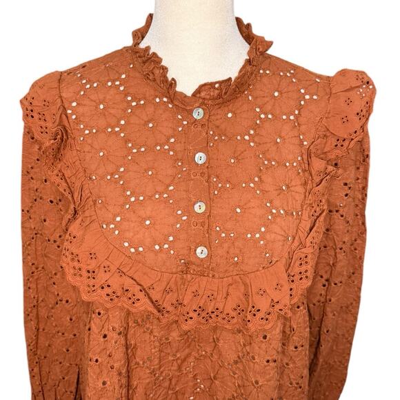 Andree By Unit Women's Eyelet Blouse Large Autumn Rust Romantic Ruffled‎ Cottage - Picture 2 of 9